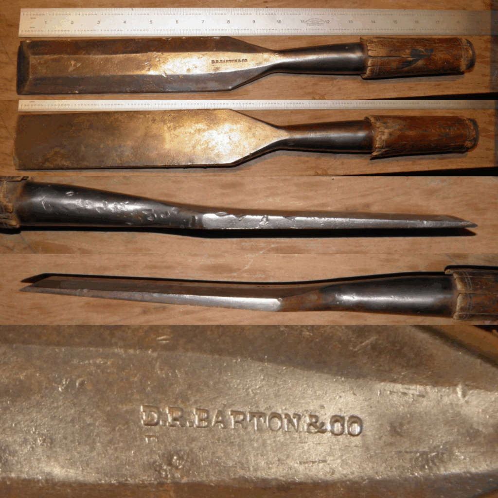 One Straight Script Lines D. R. Barton & CO 2" Heavy Socket Beveled Chisel Overall Length 17 1/2" Blade 8" Lg